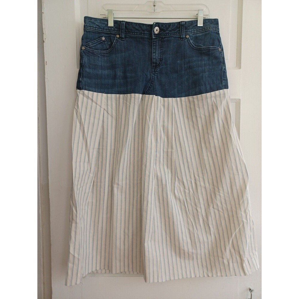 Upcycled denim midiskirt Elle sz12 blue ticking stripe DIY raw edge hem OOAK